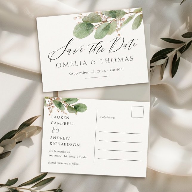 Elegant Eucalyptus Greenery Wedding Save the Date  Postcard (Creator Uploaded)