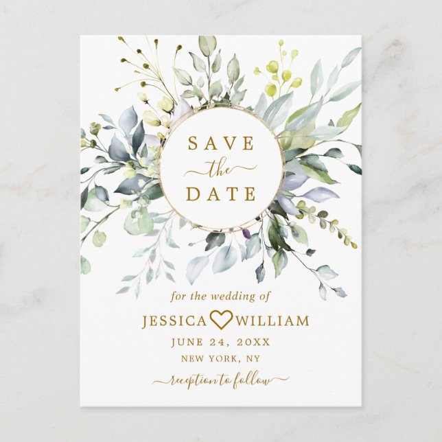 Elegant Eucalyptus Greenery Wedding Save the Date Postcard (Front)