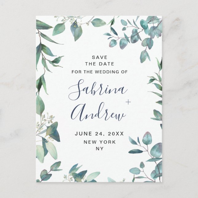 Elegant Eucalyptus Greenery Wedding Save the Date Postcard (Front)