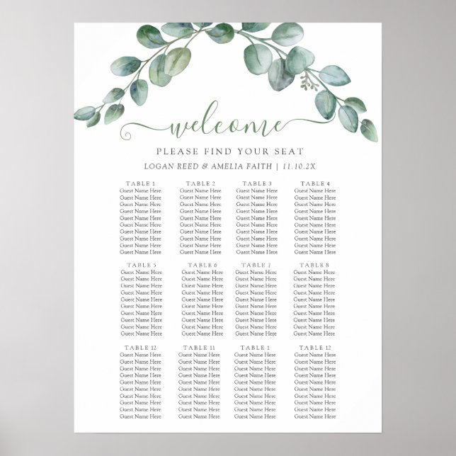 Elegant Eucalyptus Greenery Wedding Seating Chart (Front)