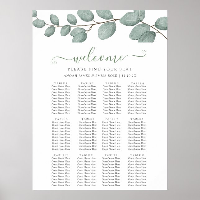 Elegant Eucalyptus Greenery Wedding Seating Chart (Front)