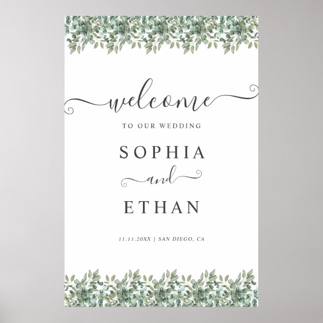 Elegant  Eucalyptus Greenery Wedding Welcome sign (Front)