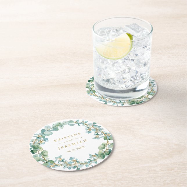Elegant  Eucalyptus Greenery Wreath Gold Wedding Round Paper Coaster (Insitu)