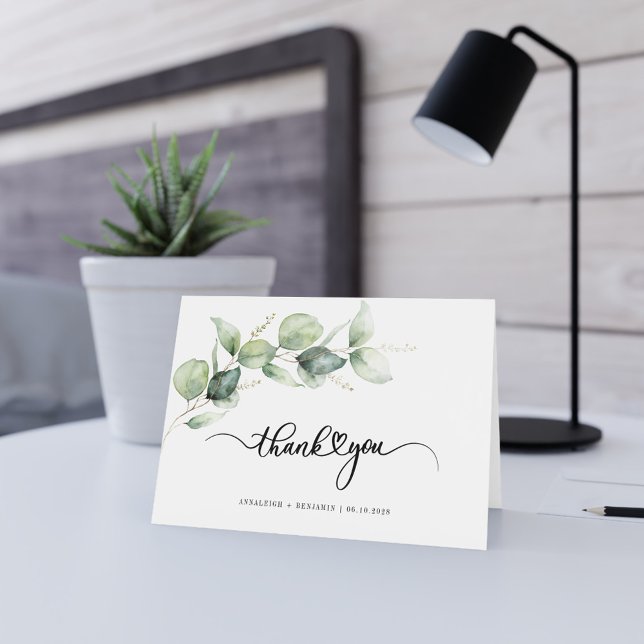 Elegant Eucalyptus Hand-Lettered Greenery Wedding Thank You Card (Wedding Thank You with Eucalyptus Script Folded Card)