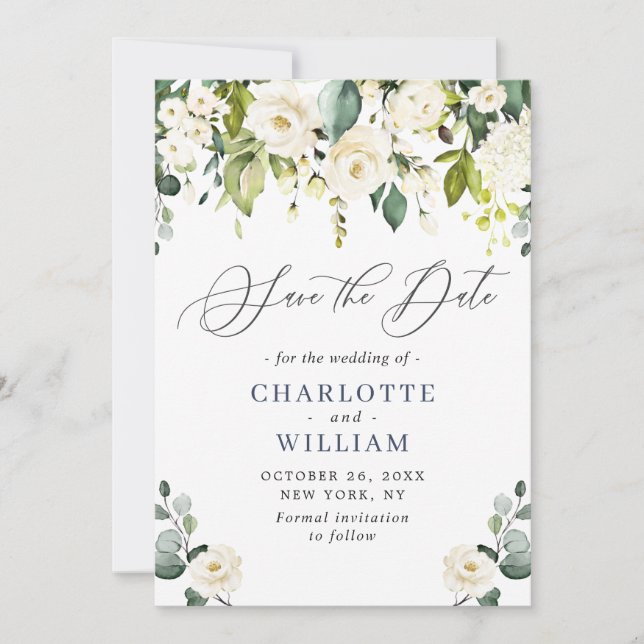 Elegant Eucalyptus Ivory White Roses Wedding Save The Date (Front)