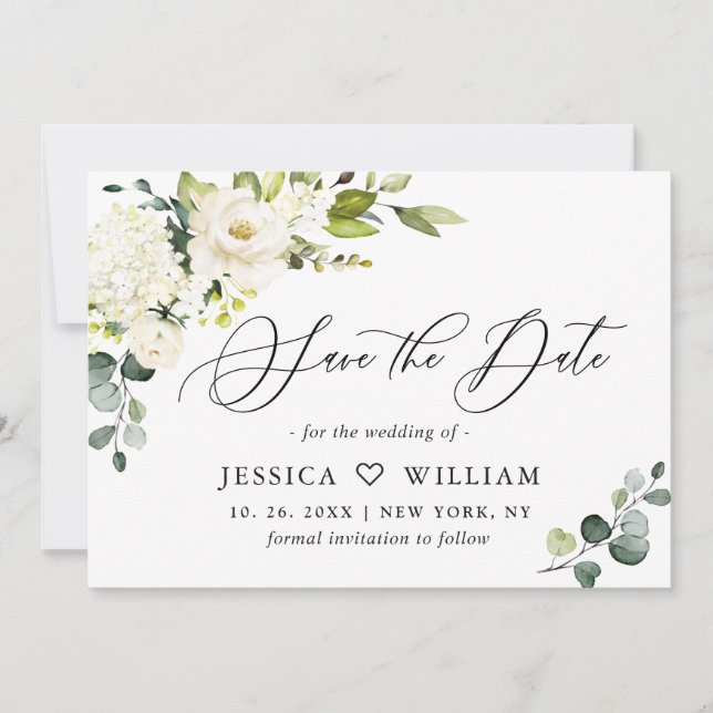 Elegant Eucalyptus Ivory White Roses Wedding Save The Date (Front)