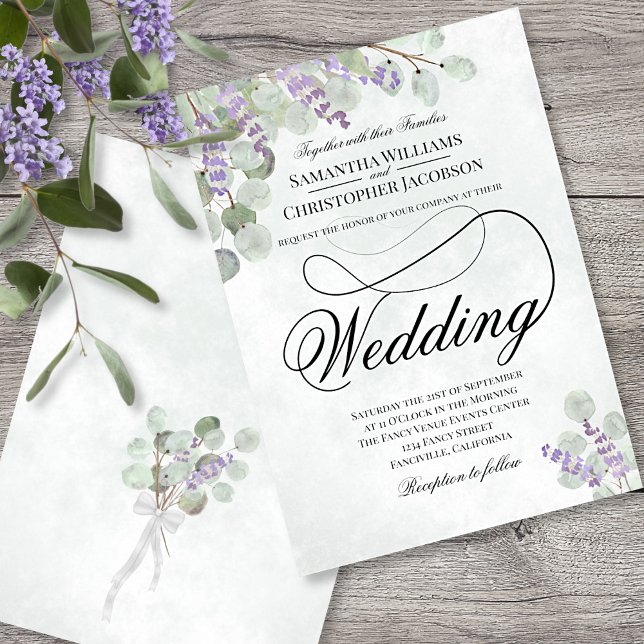 Elegant Eucalyptus & Lavender Sage Green Wedding Invitation (Front and Back)