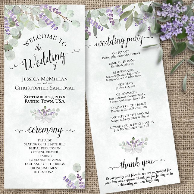 Elegant Eucalyptus & Lavender Watercolor Wedding Programme (In Situ Front and Back)