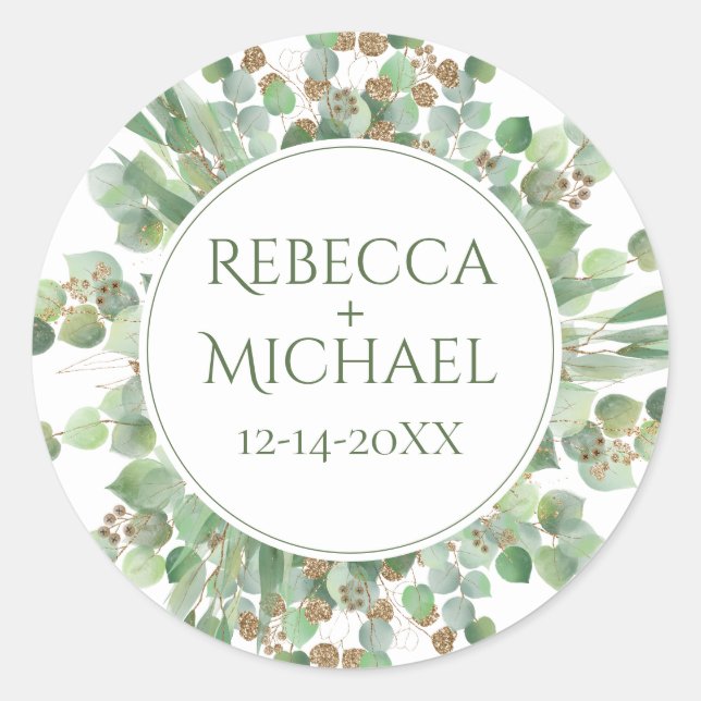 Elegant Eucalyptus Leaf Greenery Wedding Classic Round Sticker (Front)