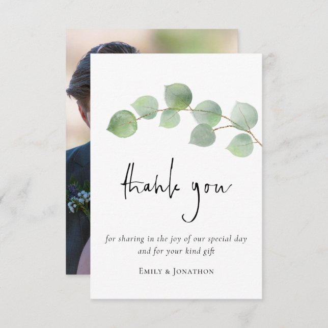 Elegant Eucalyptus Leaf Script Photo Thank You (Front/Back)