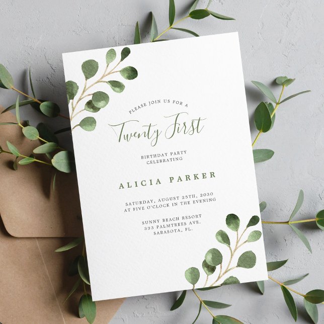 Elegant eucalyptus leaves 21st birthday party invitation (Creator Uploaded)