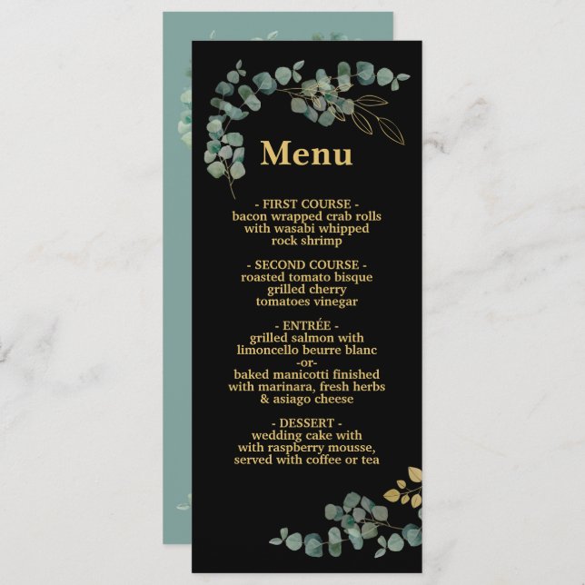 Elegant Eucalyptus Leaves Faux Gold Wedding Menu (Front/Back)