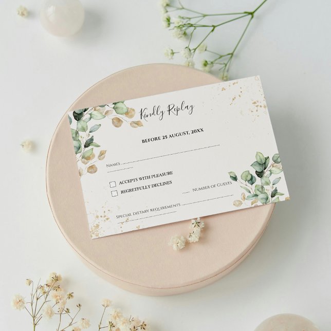 Elegant Eucalyptus Leaves & Gold Accents Wedding RSVP Card (Creator Uploaded)