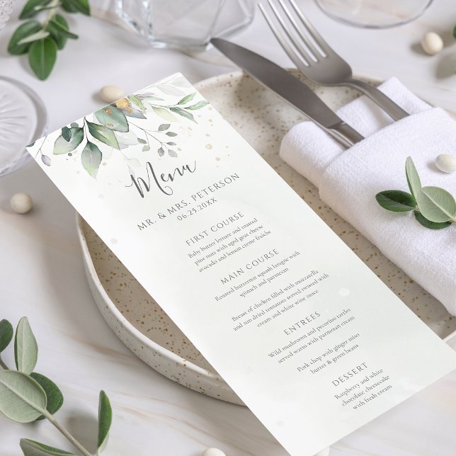 Elegant Eucalyptus Leaves Greenery Gold Wedding Menu (Creator Uploaded)