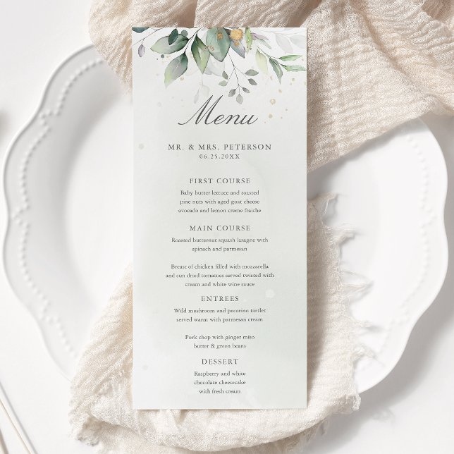 Elegant Eucalyptus Leaves Greenery Gold Wedding Menu (Creator Uploaded)