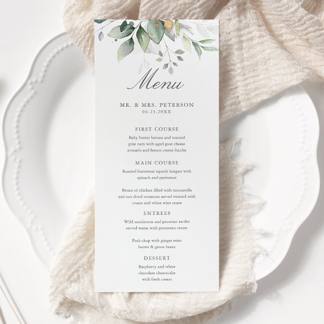 Elegant Eucalyptus Leaves Greenery Gold Wedding  Menu (Creator Uploaded)