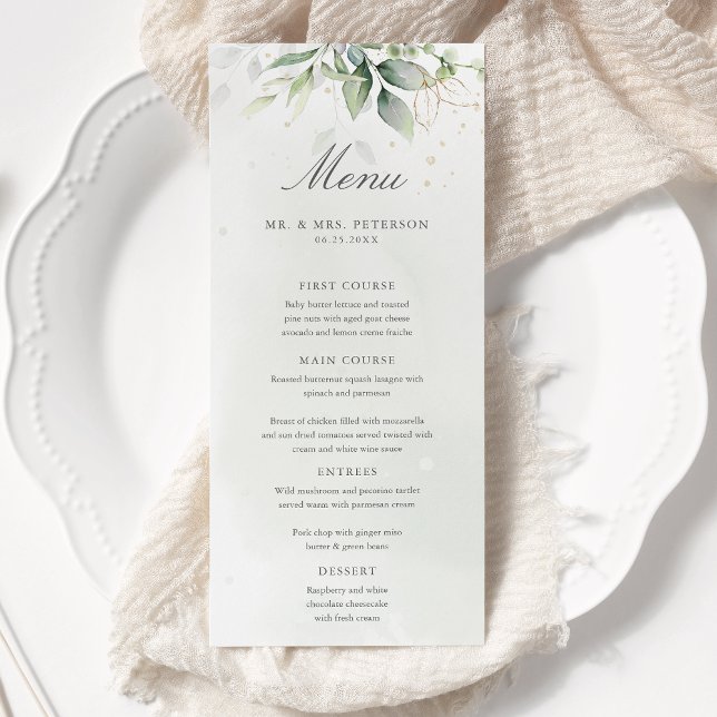 Elegant Eucalyptus Leaves Greenery Gold Wedding Menu (Creator Uploaded)