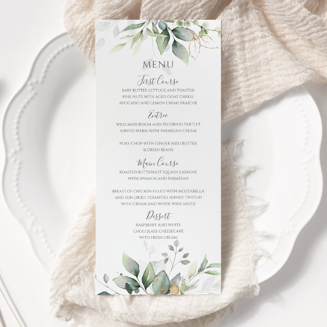 Elegant Eucalyptus Leaves Greenery Gold Wedding Menu (Creator Uploaded)