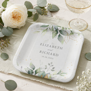Elegant Eucalyptus Leaves Greenery Gold Wedding Paper Plate