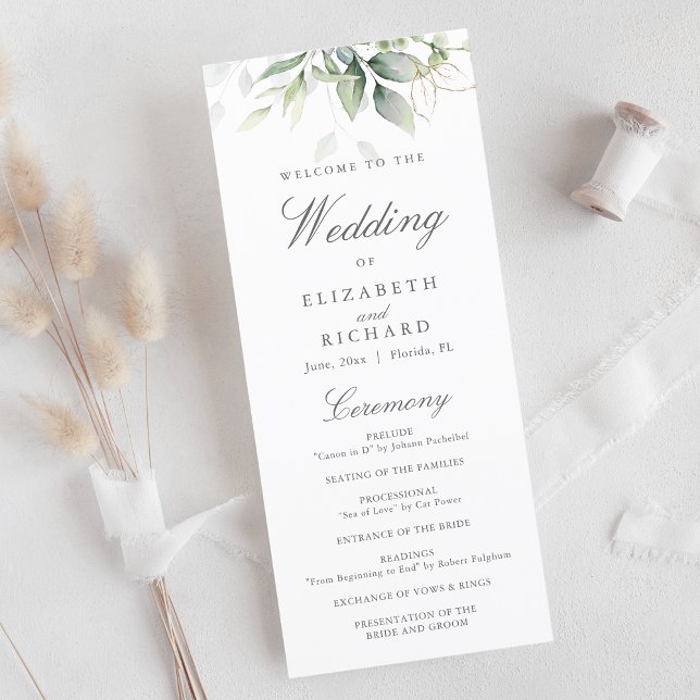 Elegant Eucalyptus Leaves Greenery Gold Wedding Programme (Creator Uploaded)