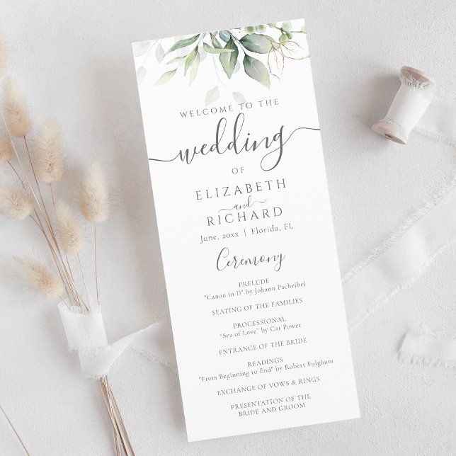 Elegant Eucalyptus Leaves Greenery Gold Wedding Programme (Creator Uploaded)
