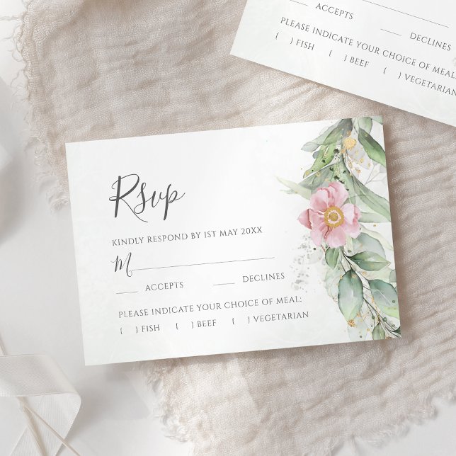Elegant Eucalyptus Leaves Greenery Gold Wedding RSVP Card (Creator Uploaded)
