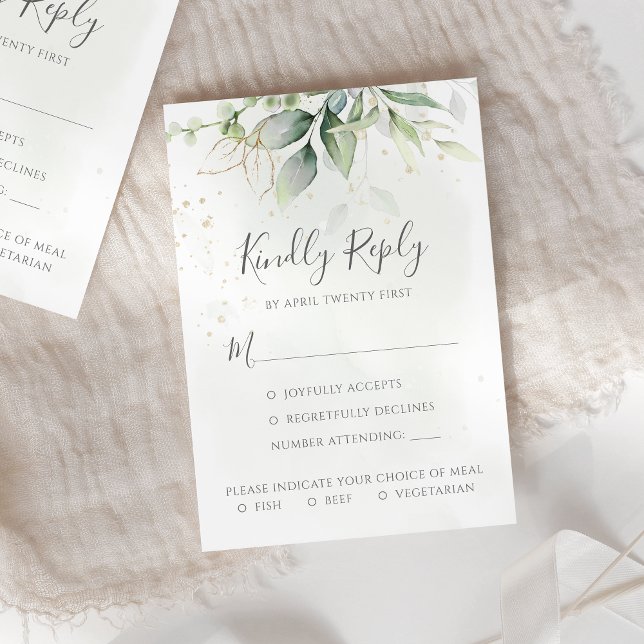 Elegant Eucalyptus Leaves Greenery Gold Wedding RSVP Card (Creator Uploaded)