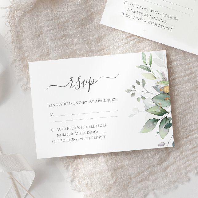 Elegant Eucalyptus Leaves Greenery Gold Wedding RSVP Card (Creator Uploaded)