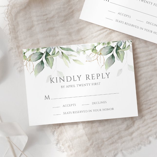 Elegant Eucalyptus Leaves Greenery Gold Wedding RSVP Card (Creator Uploaded)
