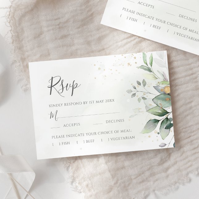 Elegant Eucalyptus Leaves Greenery Gold Wedding RSVP Card (Creator Uploaded)