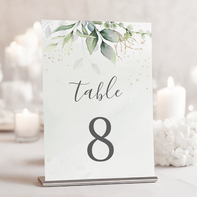 Elegant Eucalyptus Leaves Greenery Gold Wedding Table Number (Creator Uploaded)
