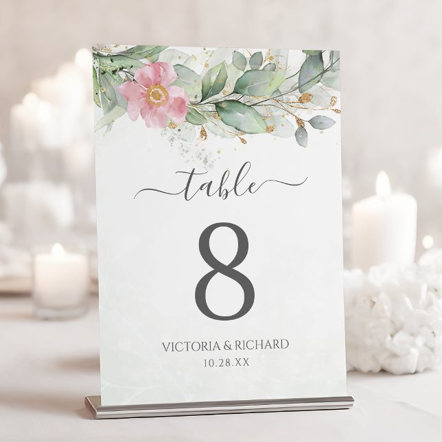 Elegant Eucalyptus Leaves Greenery Gold Wedding Table Number (Creator Uploaded)