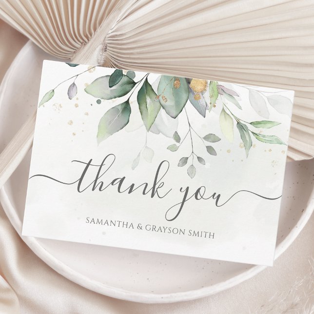 Elegant Eucalyptus Leaves Greenery Gold Wedding Thank You Card (Creator Uploaded)