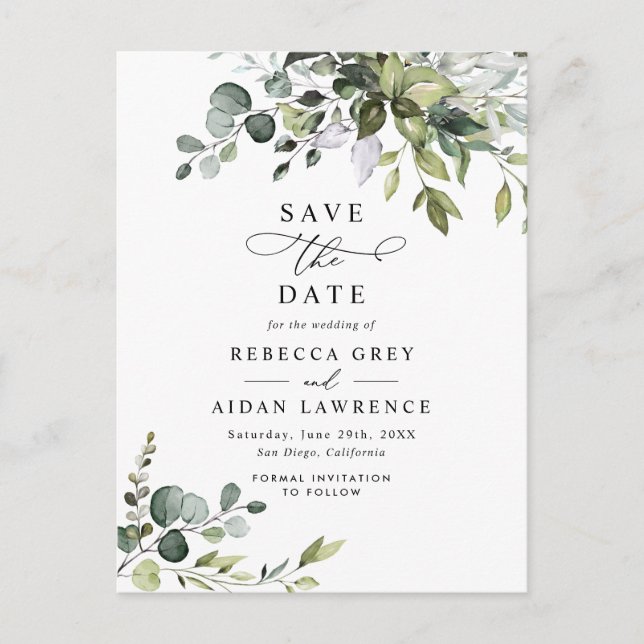 Elegant Eucalyptus Leaves Greenery Save the Date Postcard (Front)