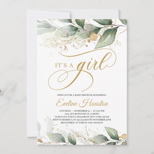 Elegant eucalyptus leaves it's a girl baby shower invitation (Front)