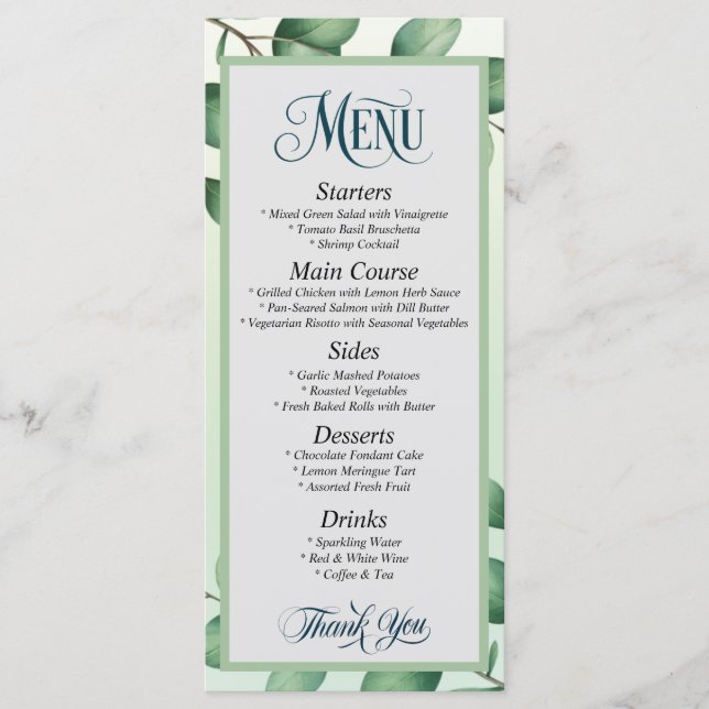 Elegant Eucalyptus Leaves Modern Wedding Menu  (Front)