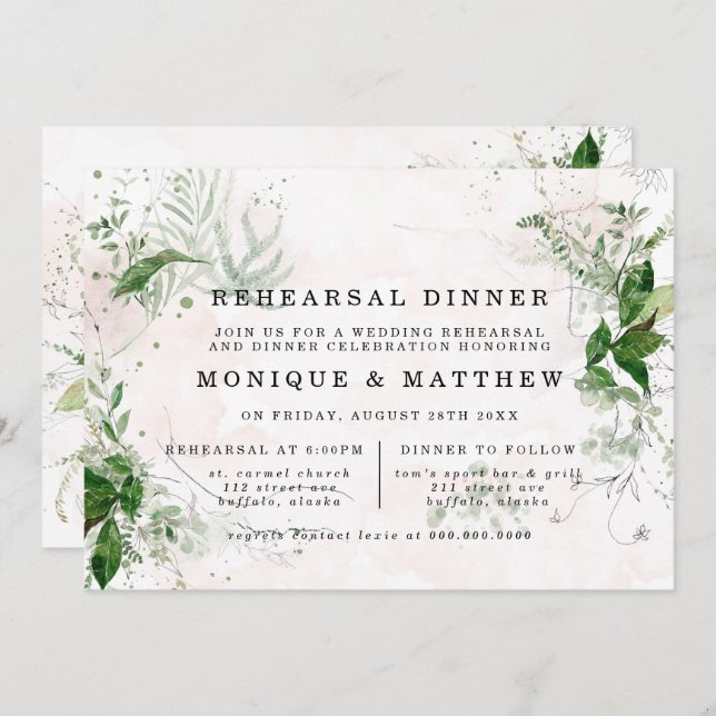 Elegant Eucalyptus Leaves Pink Rehearsal Dinner Invitation (Front/Back)