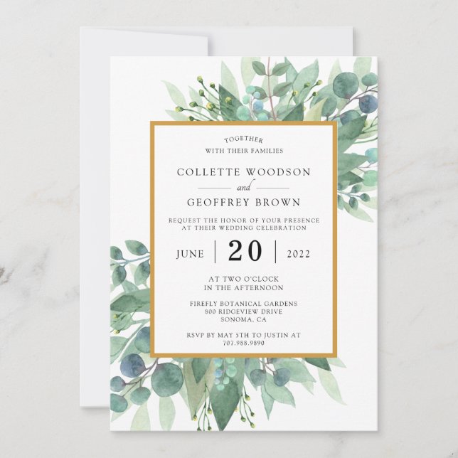 Elegant Eucalyptus Leaves Wedding Gold Border Invitation (Front)