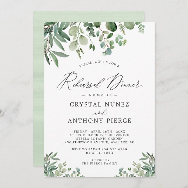 Elegant Eucalyptus Leaves Wedding Rehearsal Dinner Invitation (Front/Back)