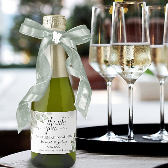 Elegant Eucalyptus Leaves Wedding Thank You Mini Sparkling Wine Label (Creator Uploaded)