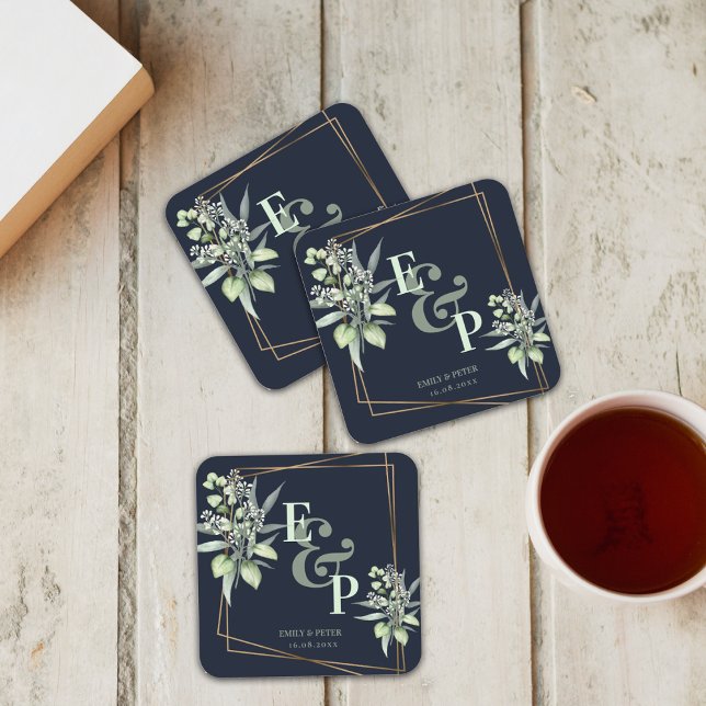 Elegant Eucalyptus Monogram Greenery Wedding Party Square Paper Coaster (Creator Uploaded)