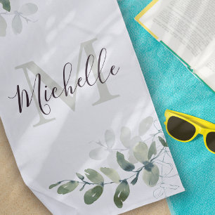 Elegant Eucalyptus Monogram Script Name  Beach Towel