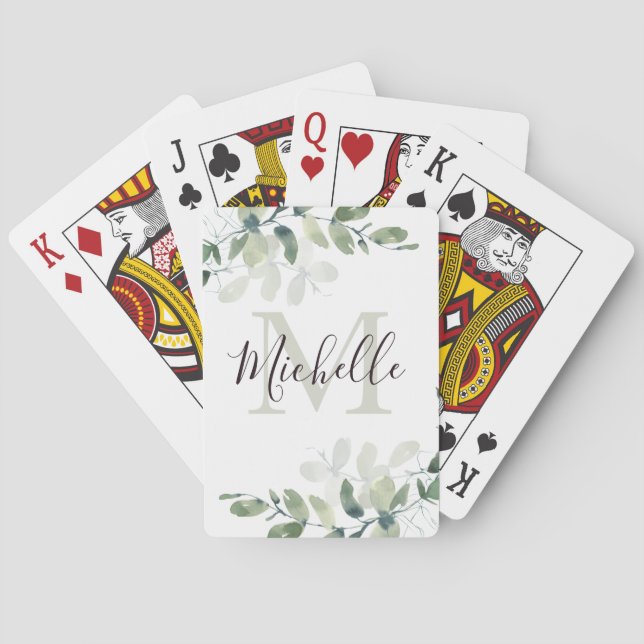 Elegant Eucalyptus Monogram Script Name  Playing Cards (Back)