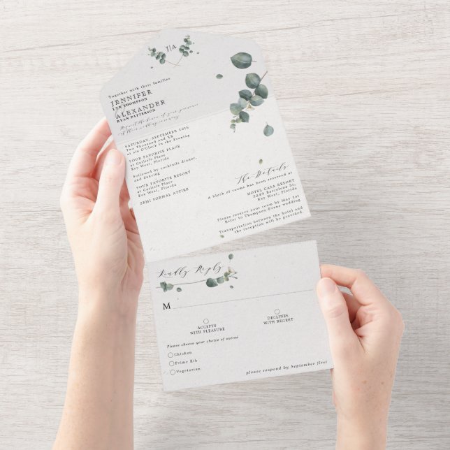 Elegant Eucalyptus Monogram Wedding All In One Invitation (Tearaway)