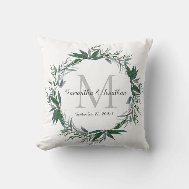 Elegant Eucalyptus Monogram White Wedding Keepsake Cushion (Front)