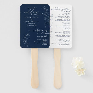 Elegant Eucalyptus Navy Blue Wedding Program Hand Fan