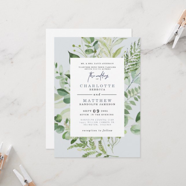 Elegant Eucalyptus Parents Dusty Blue Wedding  Inv Invitation (Front/Back In Situ)