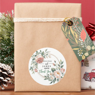 Elegant Eucalyptus Peach Floral Classic Round Sticker