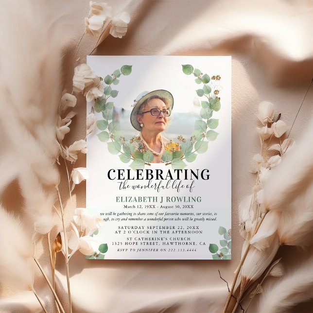 Elegant Eucalyptus Photo Celebration of Life Invitation (Creator Uploaded)