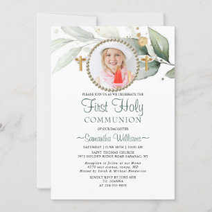 Elegant Eucalyptus Photo First Communion Invitation